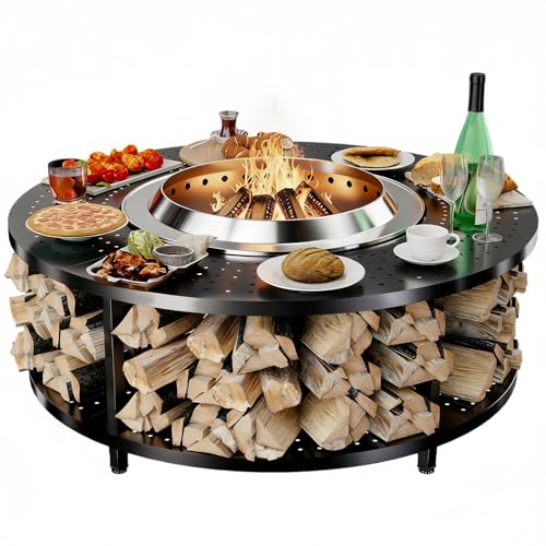 Fire Pit Surround Tabletop for Solo Stove Yukon 1.0 & 2.0 48 Fire Pit Surround Tabletop with Wood Storage Shelf Powder-Coated Steel Surround Tabletop with Extra Space