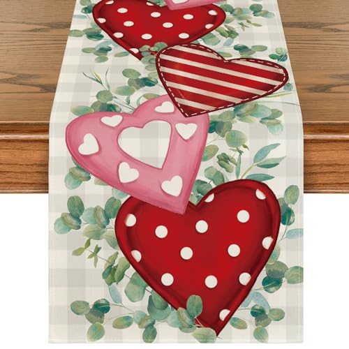 Artoid Mode Eucalyptus Polka Dot Hearts Valentine's Table Runner, HoliKitchen Dining Table Decoration for Home Party 13x120 Inch