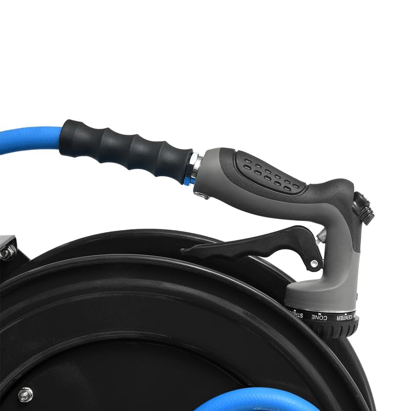 Image of Zephyr Auto-Retractable Garden Hose Reel | Heavy-Duty | Made in India | w / in x 50ft Zephyr Hose and HD Spray Gun - Black