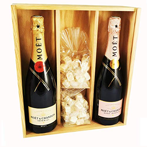 Champagne Moet & Chandon - Imperial Brut/Rosé & 2 * 150 gramos Nougadets blancos - Jonquier Deux Frères - En caja de madera