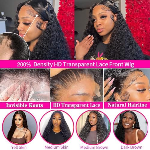 Image of 26Inch 13X6 Lace Front Wigs Human Hair 200% Density Deep Wave HD Transparent Lace Front Wigs Human Hair Pre Plucked Glueless Wigs Deep Curly Human Hair for Women With Baby Hair