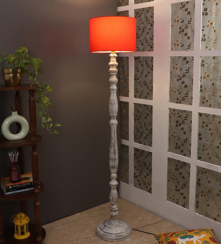 Image of tu casa Mango Wooden Floor Lamps with Red Shade for Home Decor, Bedrooms Corner, Living Room, Gifting, Diwali Decoration, Hall, Office, Study Room (Height: - 56 inch) - Bulb not Included