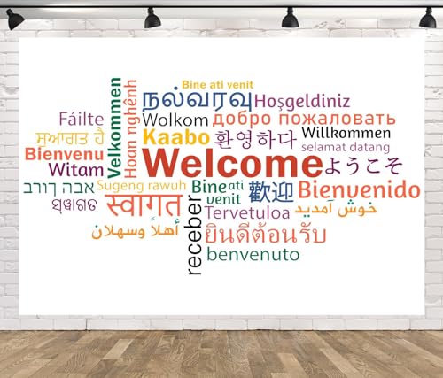 CORFOTO Multilingual Welcome Words Backdrop Fabric 7x5ft International Welcome Languages Background Banner for Global World Theme Party Decorations International Event Party Favors Photo Props