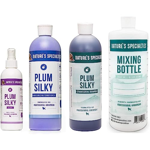 Image of Nature's Specialties Plum Silky Groom Smell Fantastic Bundle, Ultra Concentrated Shampoo 16oz + Conditioner 16oz + Mixing Bottle + Cologne 8oz, Made in USA