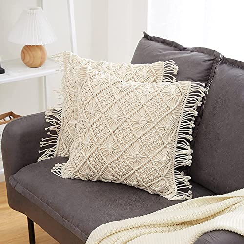 Image of Beautifull and Luxurious Handmade 100% Cotton Macrame Cushion Cover 16 inchx16 inch inch in Natural White Colour | Boho Cushion Cover in Premium Canvas Duck Fabric (5, Off White)