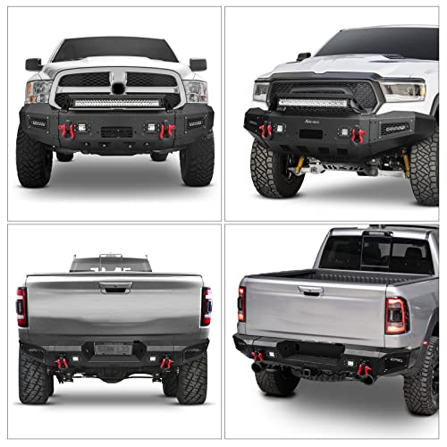 Front Bumper + Rear Bumper for RAM 2500/3500, AAIWA Steel Bumper with LED Light Bar, 2 D-rings and Winch Plate Mount Compatible with 2020-2022 Dodge Ram 2500/3500, Textured Black