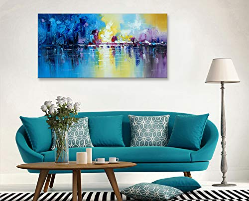 Abstract Cityscape Wall Art Handmade Blue Modern City Building Reflection Oil Paintings On Canvas #TOP4