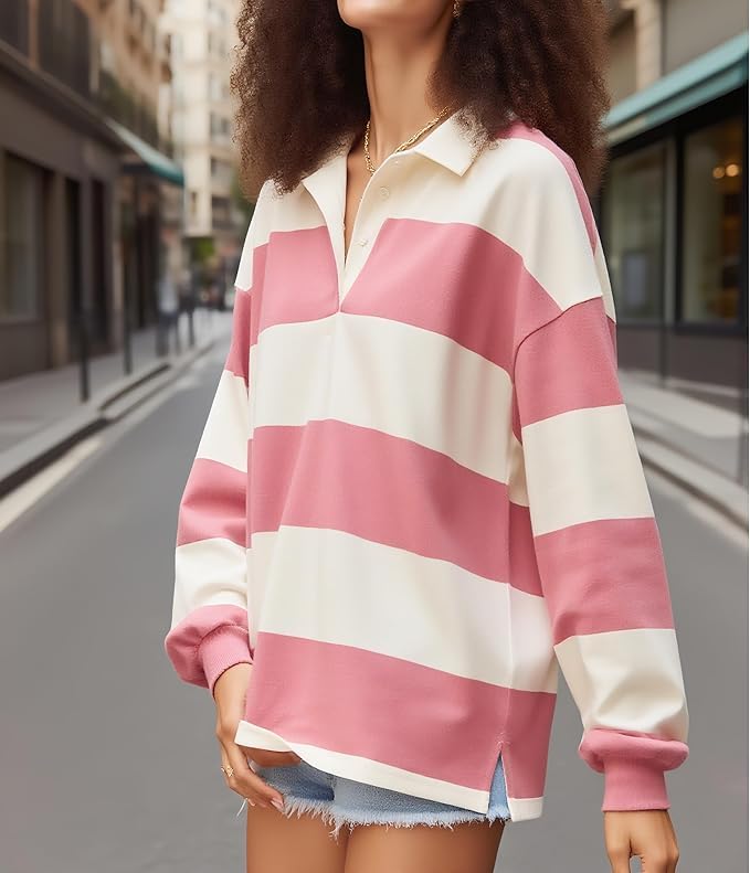 Striped Polo Tops Women Long Sleeve Oversized Graphic Shirt Y2k Loose Rugby Collared Jersey Preppy Pullover Tee - Image 2