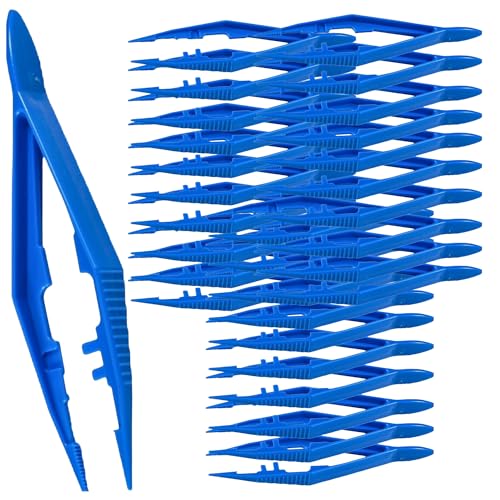 Vakly Disposable Plastic Forceps Tweezers Blue (30 Pack) Serrated Tip Medical Tweezers with Finger Ridges & Narrow Points for First Aid Lab Crafts & School Science