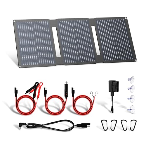 Image of FlexSolar 28W 12V Portable Solar Panel Battery Charger Maintainer Kits Trickle Charger with Built-in Charge Controller, Cig Plug, Alligator Clips, O-Rings OBDII Connector for Car, Truck,Tractor, Boat