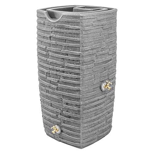 Good Ideas Impressions Riverwalk Rain Water Collection Barrel, Dark Granite, 50 Gallon - Faux Slate Rock Rainwater Catcher, Plastic Storage Drum with Dual Robust Metal Spigots & Fine Mesh Screen