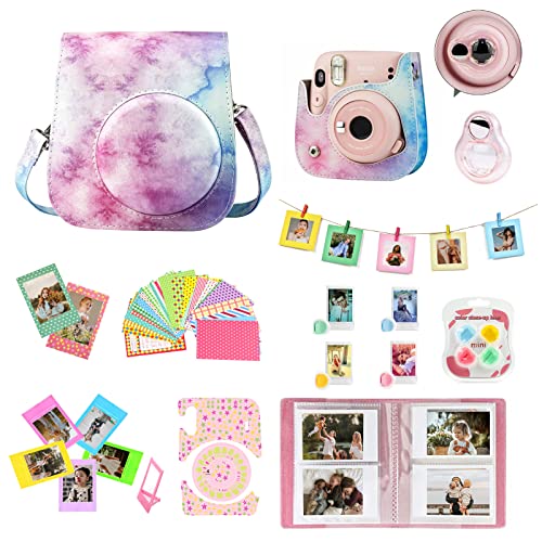 WOGOZAN Mini 11 Accessories for Fujifilm Instax Mini 11 Instant Camera Include Case, Color Filters, Photo Album, 2x3 Frames, Selfie Lens and Stickers (Blue-Pink Watercolor) (No Camera)