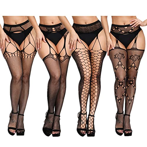 4Pairs Sets Plus Size Sexy Fishnet Stockings for Women Lace Patterned Tights Floral Mesh Stockings Thigh High Waist Pantyhose (1507092398)