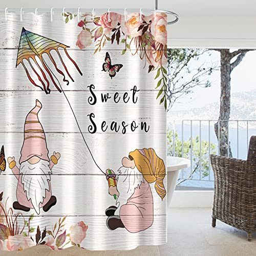 Bovlleetd Sweet Season Shower Curtain Gnome Bathroom Decoration Curtains Dwarf Flying Kite Bathroom Curtain with Hooks Spring Butterfly Flower Pattern Art Decorative Curtain for Bathroom 72x74 inch