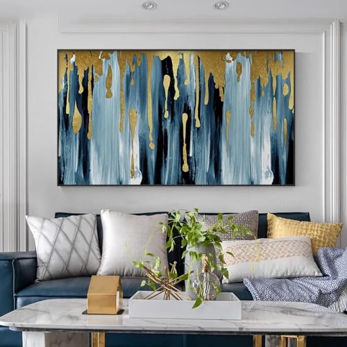 Peinture à l'huile abstraite Nordic Flow Gold Blue, toile salon 80x110 cm