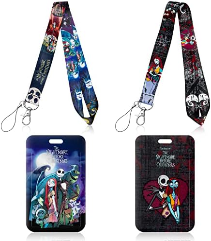 Eartim 4PCS Halloween Lanyard with ID Card Badge Holders Halloween Jack Keychains Lanyards Card Holder Horror Cartoon Skull Neck Strap Lanyard Badge with Hard Card Case for Women Teen Keys Wallet