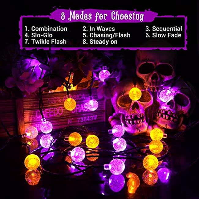 Lomotech Halloween Solar Lights - 72FT 100 LED Orange Purple String Lights Outdoor, 8 Modes Waterproof Crystal Globe Lights for Halloween Decoration