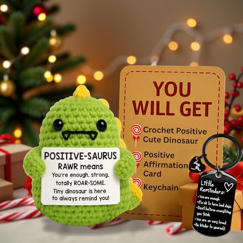 Image of Birthday Gift for Friend Women Dinosaurs Emotional Support Crochet Dino with Motivational Keychain - Positive Crochet Animals & Emotional Support - Cute Crochet Animals, Mini Dinosaur Figures