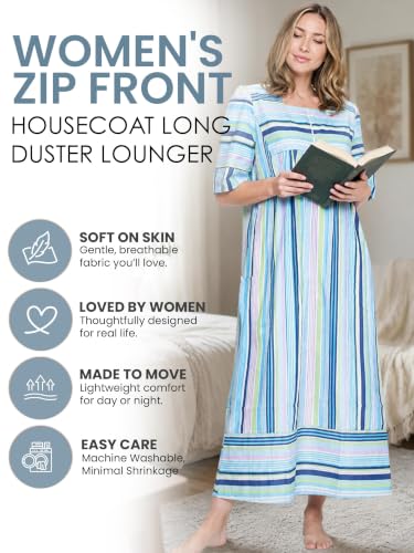 Image of Casual Nights Women's Zip Front Woven House Dress | 3 /4 Sleeves Housecoat Long Duster Lounger
