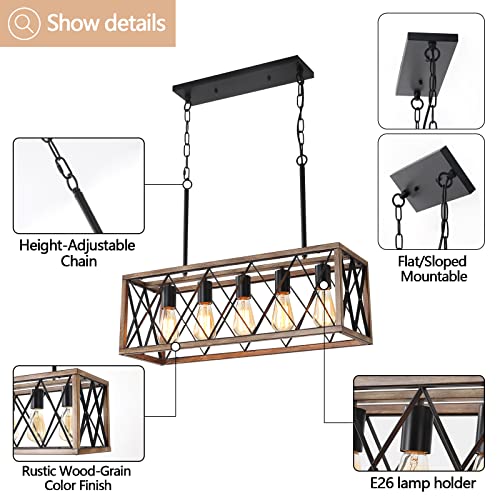 Keesfu 5-Light Dining Room Light Fixture, Farmhouse Kitchen Island Lighting,Adjustable Height Pendant Light, Rustic Linear Chandelier For Kitchen, Dining Room Table, Pool Table. (Wood Grain Color) #TOP3