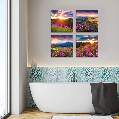 Noah Art-Modern Landscape Art Print Posters, Sun Light Over Mountains Wall Art Pictures Of Flowers On Canvas Print, 4 Piece Sunrise Canvas Art Ready To Hang Outdoor Wall Art For Bathroom Wall Decor #TOP2