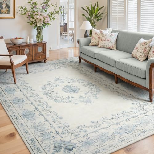 Wonnitar Bow Print Area Rug for Living Room, Ultra-Thin Blue 8x10 Washable Rug, Non Slip Soft Boho Floral Aesthetic Indoor Decor Carpet for Boys Playroom Dining Room Office
