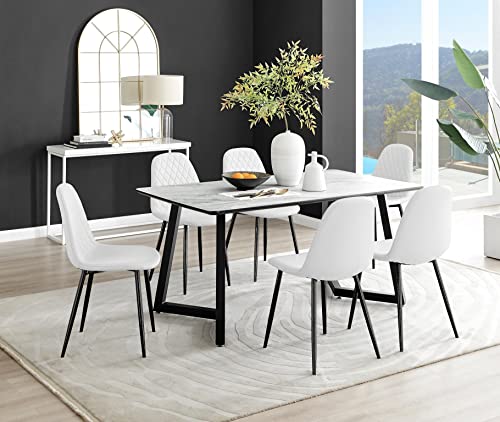 Furniturebox UK - White Marble Effect Melamine Dining Table & 6 White Corona Black Leg Chairs