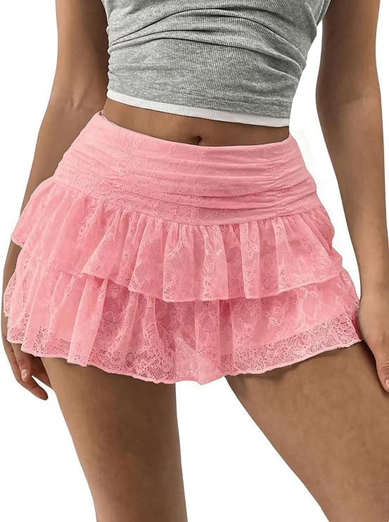imbpceu Women Lace Mini Skirt Y2K Low Rise Floral Ruffled Skort | Lace Ruffle Pleated Layered Flowy Skort, Mini Skirts with Built-in Short
