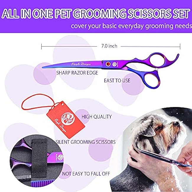 Purple Dragon Professional 7.0 inch 4PCS Pet Grooming Scissors Kit Japan Premium Steel Straight & Curved & Thinning Blade Dog Hair Cutting Shears Set with Case-TTgu5AxB