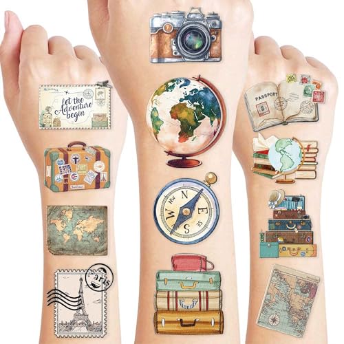 8 Sheets (96PCS) Travel Tattoo Stickers Map Theme Birthday Adventure Awaits Party Decorations Favors Supplies for Kids Gifts Classroom School Prizes Rewards (Trave 1)