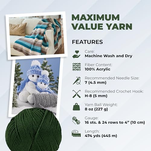 Image of Mary Maxim Maximum Value Acrylic Yarn for Crocheting and Knitting, Soft Worsted Weight Yarn 4, Ideal for Blankets, Sweaters, Hats, and Scarves, 8 oz Skein (474 Yds), Dark Green