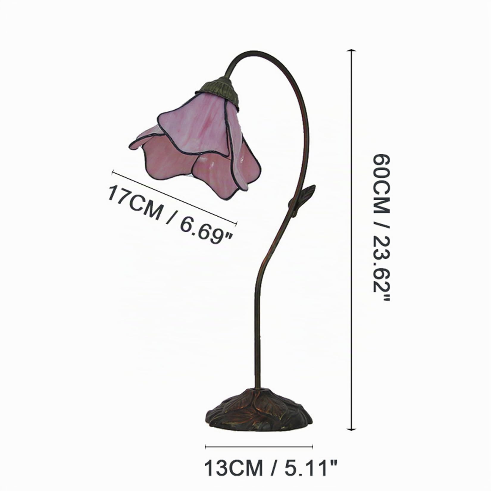 BOTOWI Blumen-Tischlampe im Tiffany-Stil Schwanenhals-Schreibtischleuchten aus Buntglas Vintage mediterrane Leselampen für Kinderzimmer, Wohnzimmer, Café, Bar, B 6,69 Zoll × H 23,62 Zoll,Rosa
