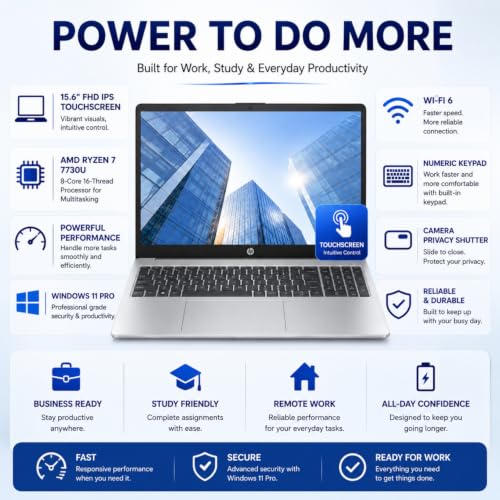 Image of HP 2026 Edition Business Laptop, 15.6 inch FHD IPS Touchscreen, AMD Ryzen 7 7730U 8-Core 16-Thread Processor for Multitasking, 16GB RAM, 256GB SSD, Numeric Keypad, Camera Privacy Shutter, Windows 11