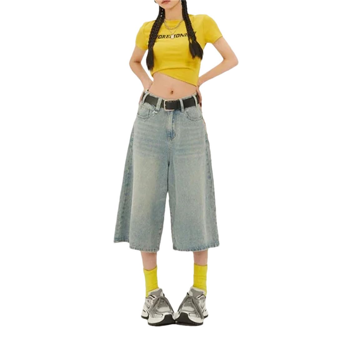 Damskie szorty dżinsowe z wysokim stanem w stylu vintage na co dzień luźny krój punk streetwear styl workowate szorty, Jasnoniebieski, XXL