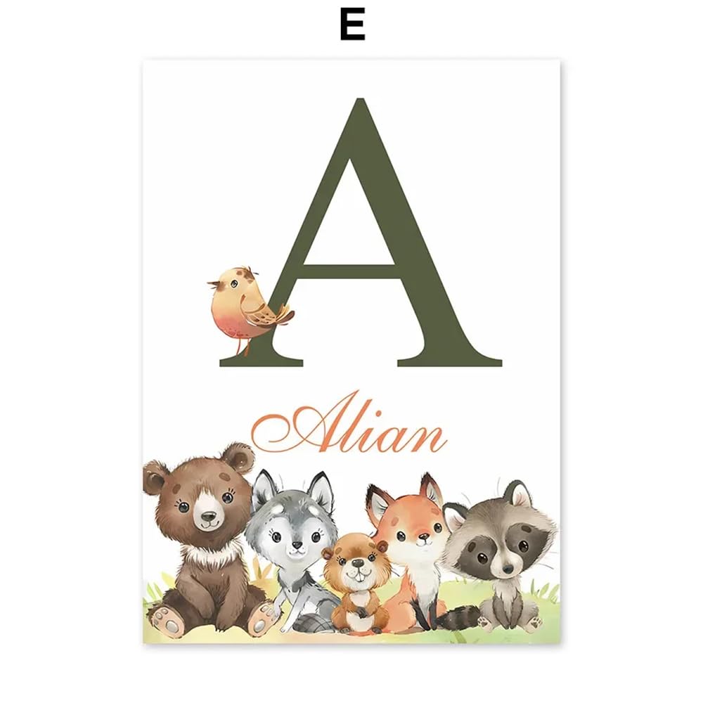 Youihom 6 Quadro Animali Bosco Quadretti Personalizzati Bimba Poster con Lettere del Nome Bambini Stampe Cameretta Neonato Volpe Orso Scoiattolo Cervo Marrone Verde Quadri Tela 21x30 senza Cornice