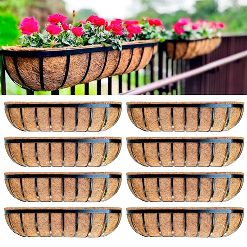 LaLaGreen Outdoor Wall Planter - 8 Pack, 30 Inch Large Metal Basket with Coco Liner, Long Window Flower Box Deck Railings Hanging Horse Trough Balcony Plant Pot Garden Fence Balcony Patio Rail by LáLáGreen - Used condition - US$113.61