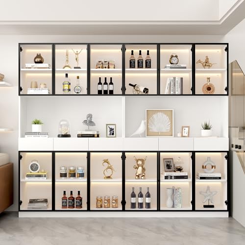 YAIXBNG Armario de cristal para puerta, 200 cm de alto, color blanco, con luces LED, estantería multialmacenamiento, para colección, dormitorio, salón, oficina, color blanco - marco de puerta negro