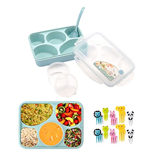 Bento Box Lunch Containers For Kids and Adults - Microwave & Dishwasher Safe - 10 Set Cute Food Picks By ROUNDSQUARE(Blue)