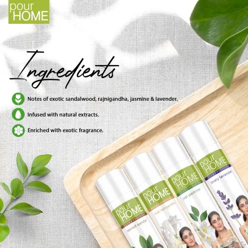 Image of POUR HOME Sacred Sandal, Rajni Gandha, Jasmine & Lavender Room Air Freshener Spray - 220ML Each (Combo of 4) | Long-Lasting Fragrance - Reduces Odours - Suitable for Home & Office