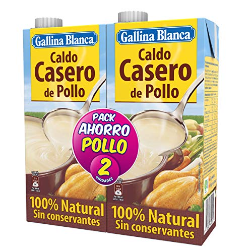 GALLINA BLANCA Caldo Casero de Pollo 100% Natural | Cocinado a Fuego Lento Durante 3h. Sin Gluten, Sin Conservantes, Bajo en Grasa - Pack 2 x 1L
