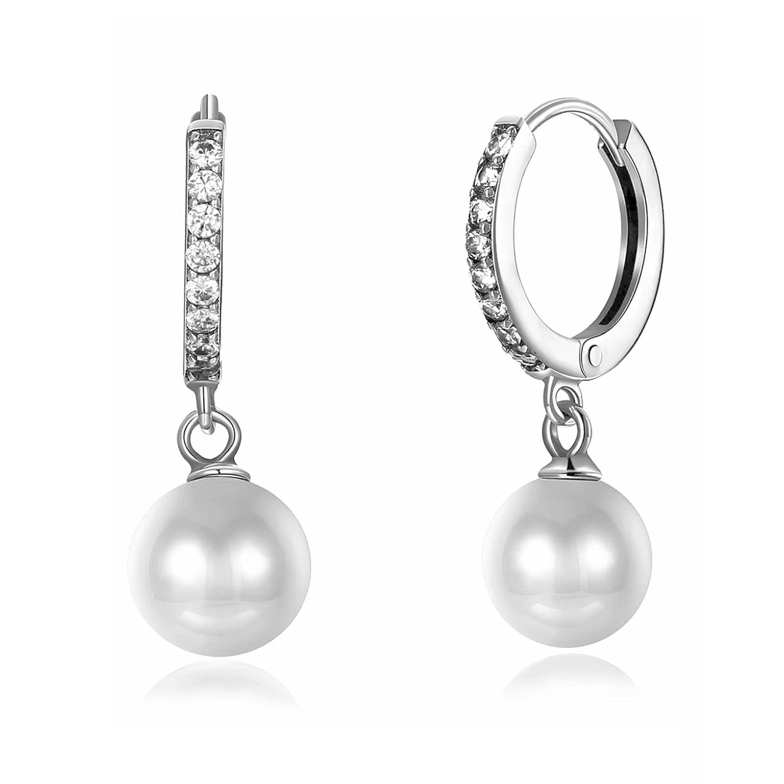 Freshwater White Pearl Drop Earrings Gold Plated Earrings, 925 Sterling Silver CZ Dangle Pearl Earrings for Women