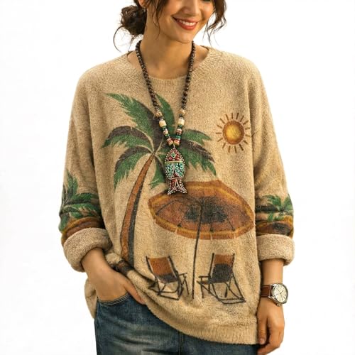Women’s Graphic Knit Sweater Long Sleeve Relaxed Fit Pullover, Drop