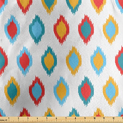 Lunarable Ikat Fabric by The Yard, Oriental Traditional Motifs Ikat Patterns Exotic Design Old, Decorative Satin Fabric for Home Textiles and Crafts, 1 Yard, Yellow White