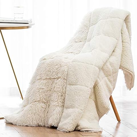 Wemore Jacquard Weighted Blanket for Sleeping and Relaxing 60 x 80 Inches 15lbs Cream White with Shaggy Long Fur Faux Fur Weighted Blanket 60 x 80 Inches 15lbs Cream White Cover