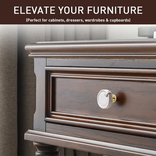 Image of 2 Pack Leather Cabinet Knobs Hand-Stitch White Round Drawer Pulls for Cabinets Cupboard Dressers Drawers Bedroom Brown Leather Cabinet Pulls