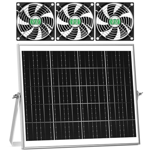 pqins Solar Greenhouse Fan 3 Kit, 30W Large Solar Powered Exhaust and Intake Fan Outdoor Waterproof, Strong Airflow, 16.5ft Cord, for Chicken Coop Grow Tent Shed Air Ventilation and Circulation