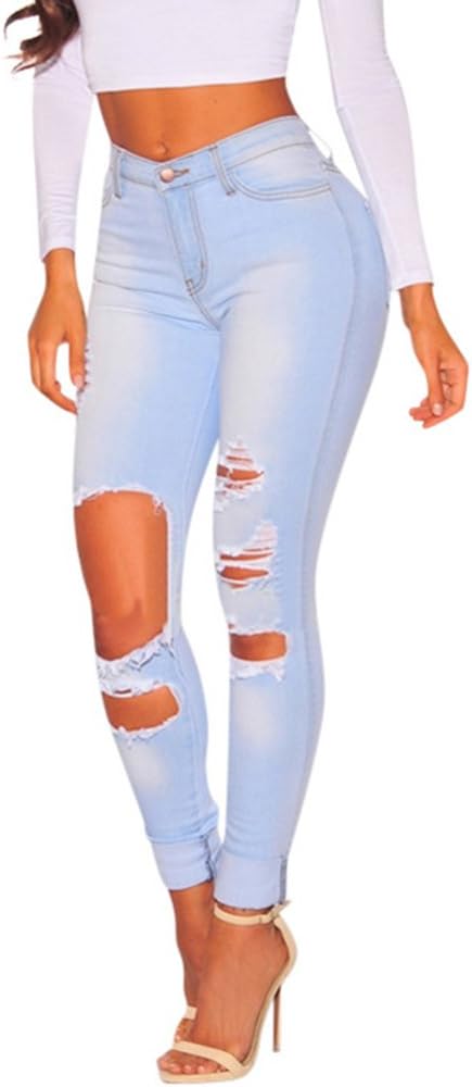Guiran Donna Jeans Pantaloni A Vita Alta Leggings Jeggings Leggins Strappati  Skinny Boyfriend Push Up Stretch Azzurro M : Amazon.it: Abbigliamento