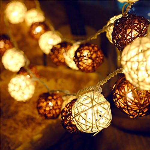 Letsun Globe Rattan Ball String Lights, 7.5feet 20 LED Warm White Fairy Lights, White and Brown, Battery-Operated, for Indoor,Bedroom,Curtain,Fairy Garden,Home,Wedding,Holiday,Christmas Tree,Party