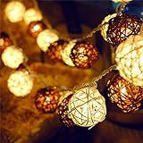 Letsun Battery-Operated LED 4cm Rattan Ball Fairy Lights with Metal Drops Fairy Light and 7.5-feet Transparent Wire, White And Brown