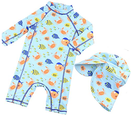 Baby Boy UV Swimsuit UPF 50+ Sun Protection S/S One Piece Kids Sunsuit Zipper Puffer Fish and Crab (4-5 Years)